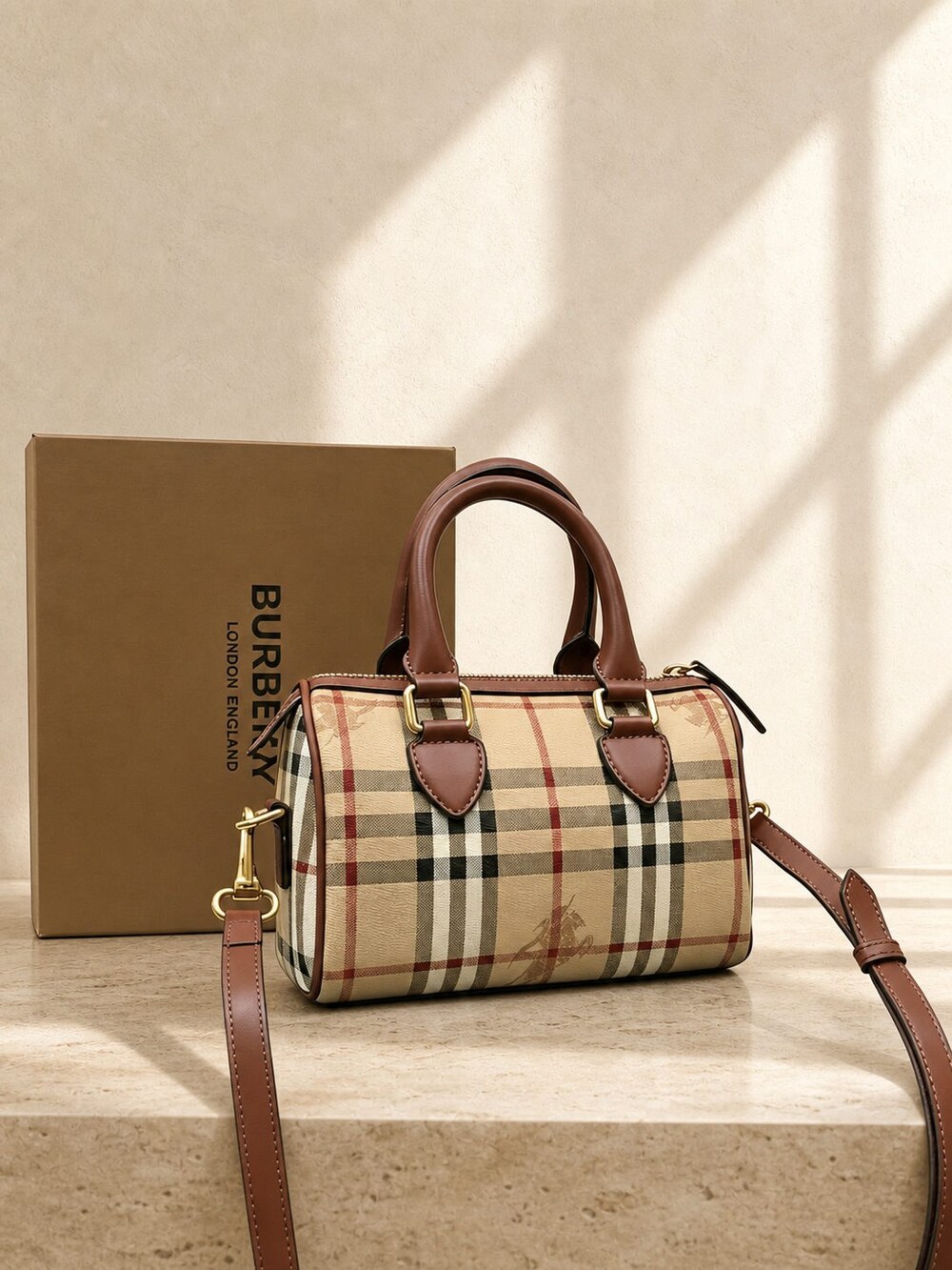 Burberry Mini Check Coated Canvas Bowling Handbag - Picture 2 of 6